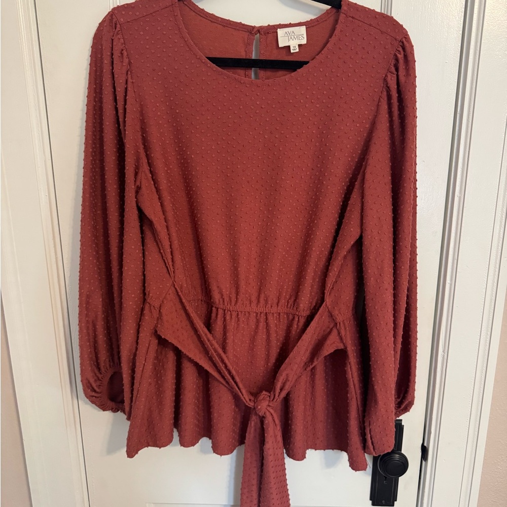 Red Puff Sleeve Blouse with Tie Front